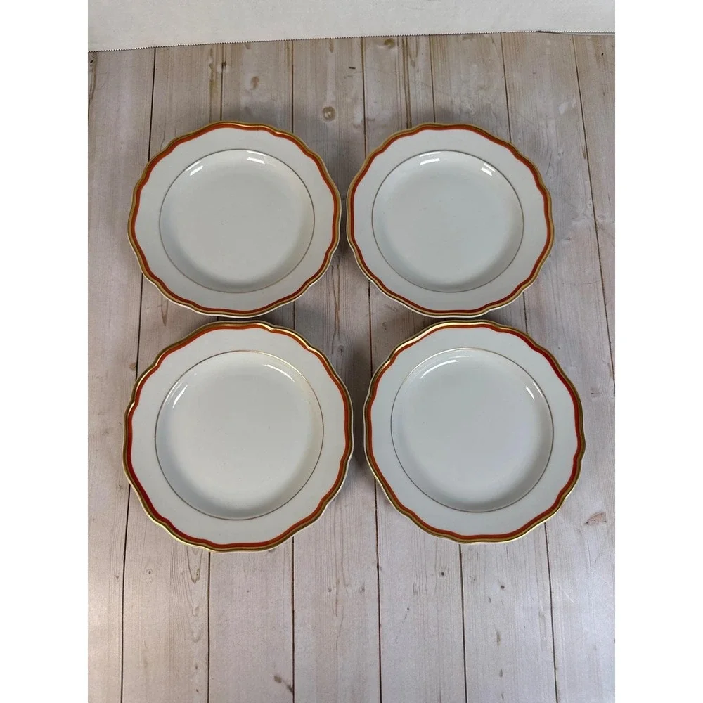 Meissen Orange Band Bread Butter Plates Set of 4 Gold Trim Crossed Swords 6 3/8